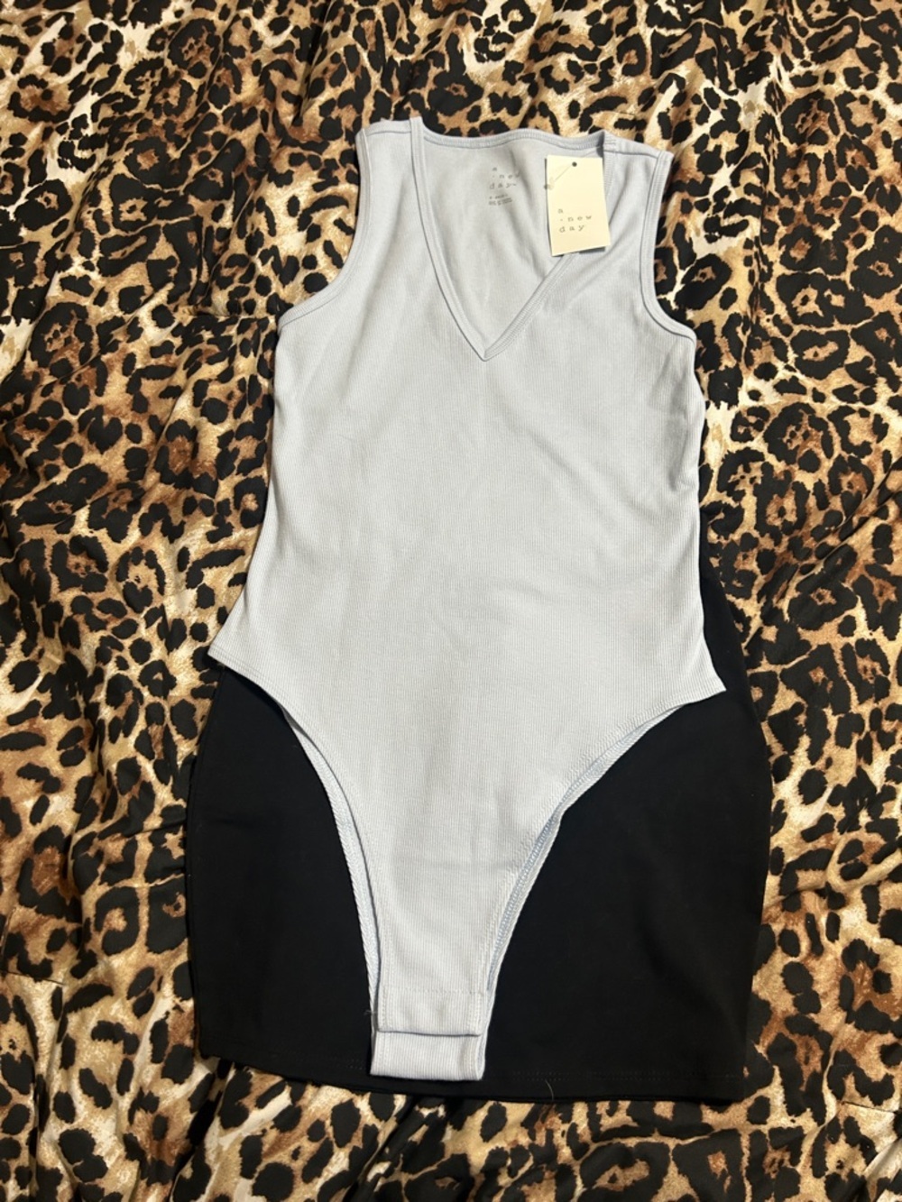 a new day V-Neck Colorblock One-Piece Bodysuit in Light blue , Black mini skirt